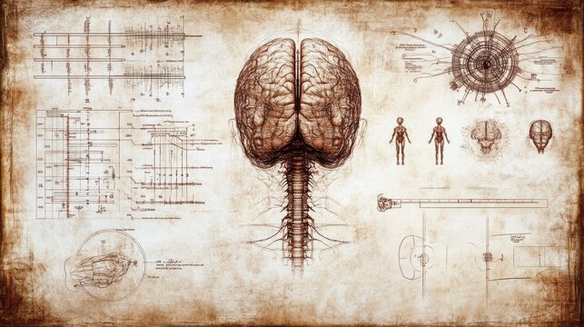 Human Brain Anatomy Nervous System Vintage Sketch Scientific Illustration Medical Diagram