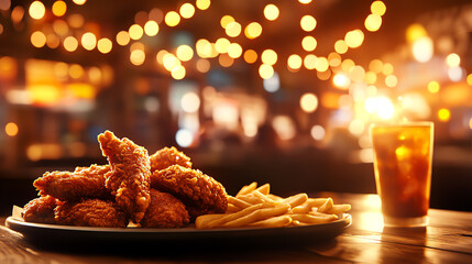 55 Crispy chicken tenders, luxury ambiance, warm lighting casting shadows, ultrarealistic food texture