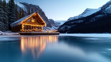 Fototapeta premium Idyllic Frozen Lake Scene with Cozy Cabin