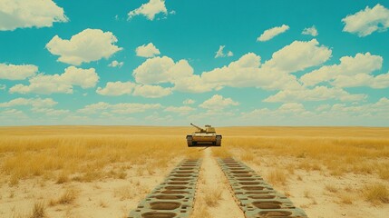 A tank drives through a vast, empty landscape under a bright blue sky with fluffy clouds.