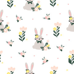 Seamless vector pattern for Easter. Seamless pattern of colorful silhouettes of rabbits, eggs and wild flowers.	
