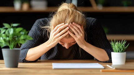 Burn out desk concept. A stressed individual holds their head in despair, surrounded by plants and a desk, reflecting feelings of overwhelm in a work or office environment.