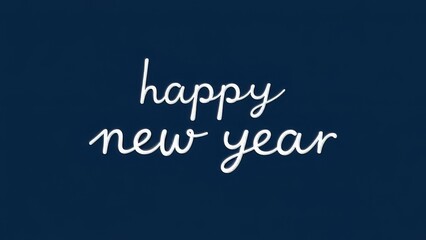 White handwriting thin letters Happy new year over empty dark blue background. Cursive text for celebrating the new year. Festive minimalistic horizontal banner with lettering.