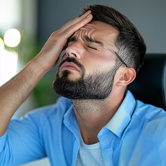 Fototapeta premium Burn out desk concept. A frustrated man with a beard holds his forehead, illustrating stress or overwhelm in a professional environment.