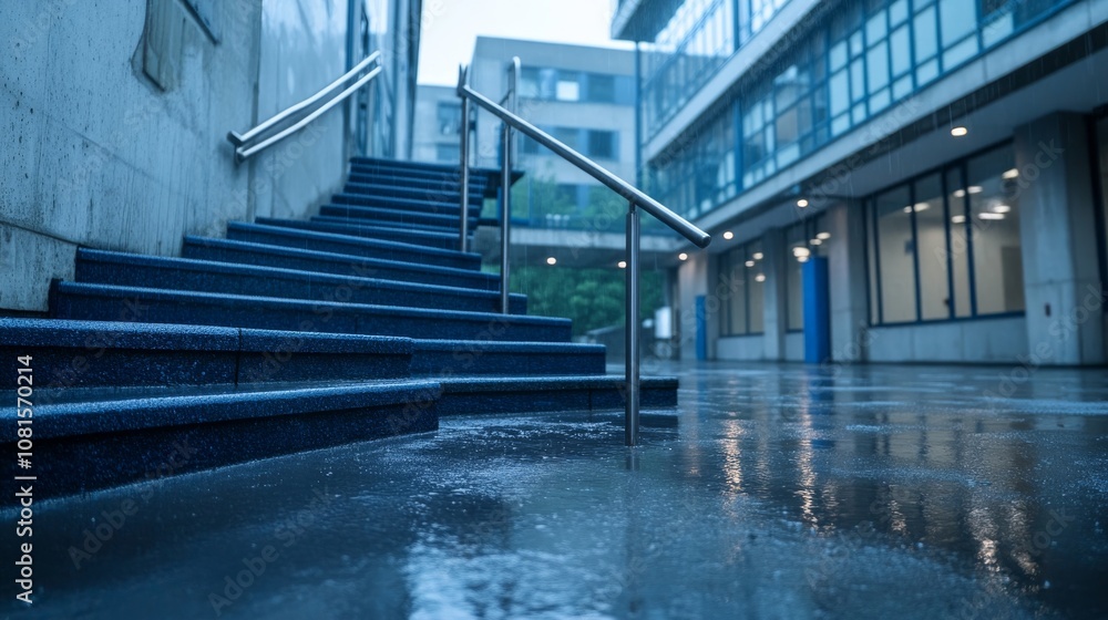 Poster a detailed view of raw architectural elements in a brutalist style with rain-soaked steps and reflec