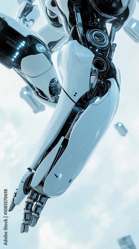 Poster a close-up view of a robotic arm. it's a sleek, white design with visible internal machinery, sugges