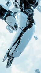 A close-up view of a robotic arm. It's a sleek, white design with visible internal machinery, suggesting intricate engineering. 