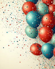 A cluster of red and blue balloons with confetti on a white background.