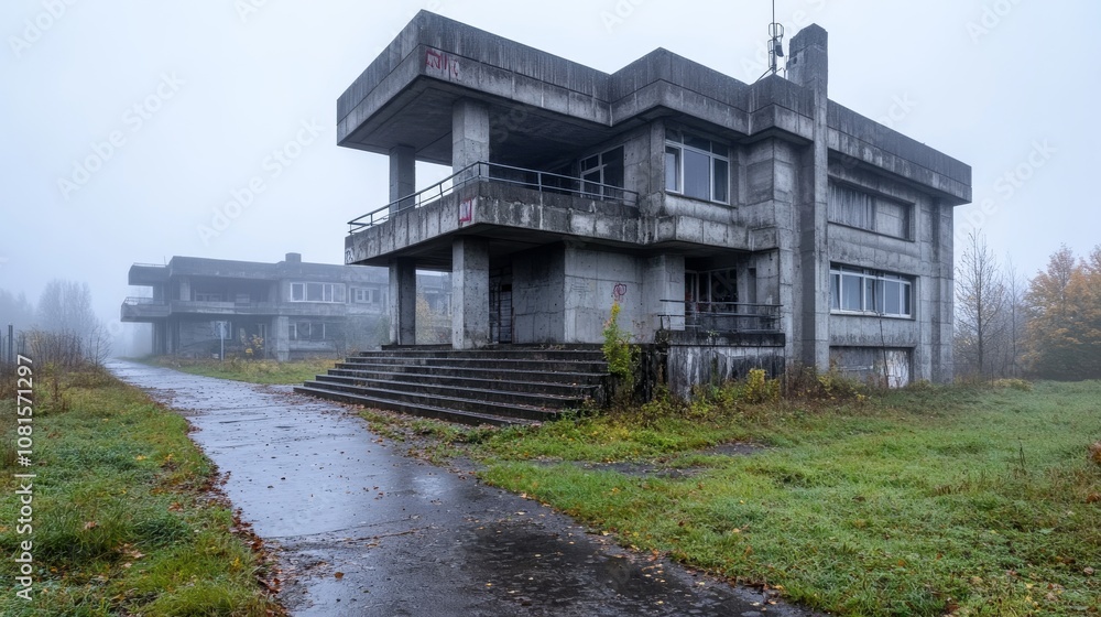 Poster a captivating exploration of brutalist architecture: raw and realistic style in a foggy landscape of