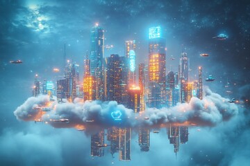 Obraz premium Futuristic Glowing Cityscape with Skyscrapers Reflected in Water at Night
