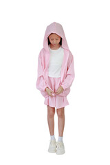 Asian girl child in pink sport wear hood head clothes learning get dressed, Zip it up his shirt while standing isolated on white background. Image full length.