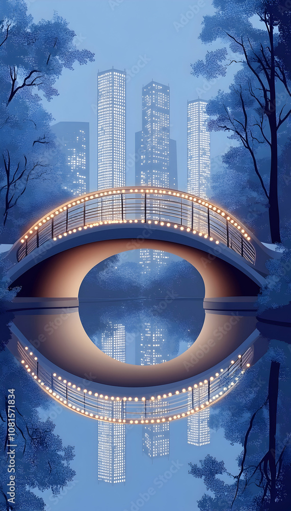 Poster a picturesque bridge with lights illuminating the structure and its reflection on the water with a c