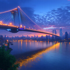Obraz premium A suspension bridge illuminated at night with a city skyline and river in the background.