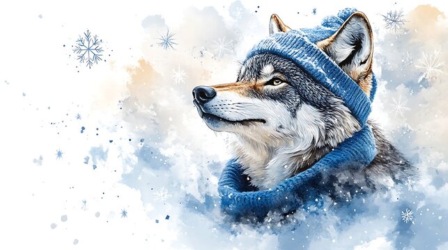 Majestic wolf in a Christmas hat and cozy blue scarf, watercolor style, howling at snowflakes against a clean white canvas, intricate details, festive and serene mood, soft and delicate strokes,