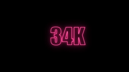 Glowing neon number 34 k red  color with black background. neon style.,  subscribers celebration.	Followers, neeon Letters on black Background, Vector Illustration