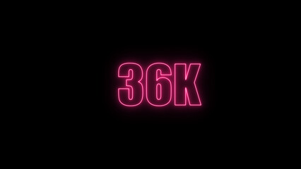 Glowing neon number  36k red  color with black background. neon style.,  subscribers celebration.	Followers, neeon Letters on black Background, Vector Illustration