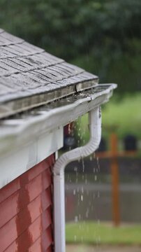 Vertical Water draining down into clogged gutter during a rain storm 