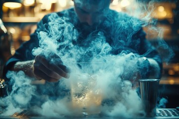 A man is smoking in a bar with a lot of smoke