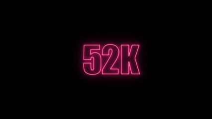 Glowing neon number 62 k red  color with black background. neon style.,  subscribers celebration.	Followers, neeon Letters on black Background, Vector Illustration