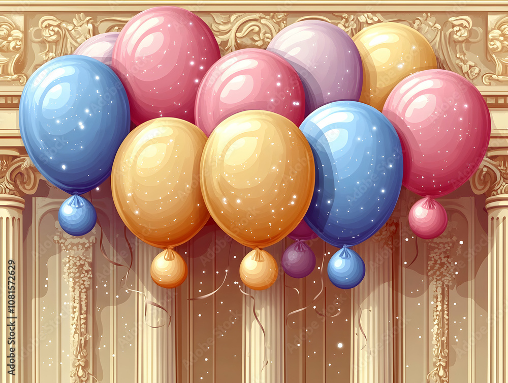 Poster colorful balloons floating in front of a classic building with columns.