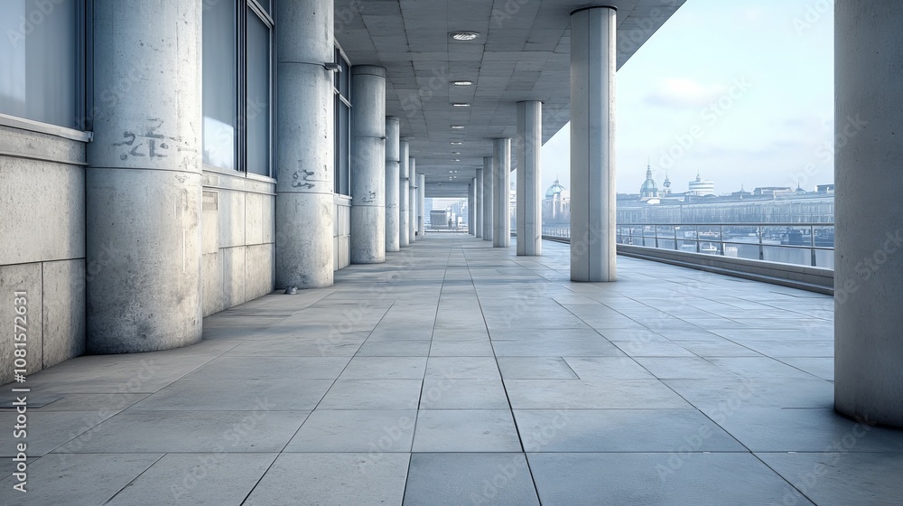 Poster modern brutalist architecture featuring raw concrete columns and perspective view, capturing a reali