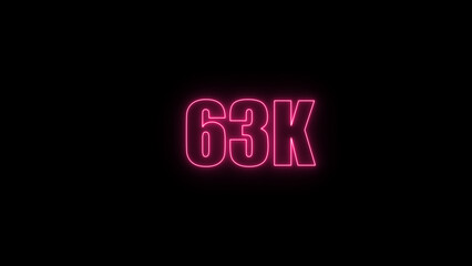 Glowing neon number  63k red  color with black background. neon style.,  subscribers celebration.	Followers, neeon Letters on black Background, Vector Illustration