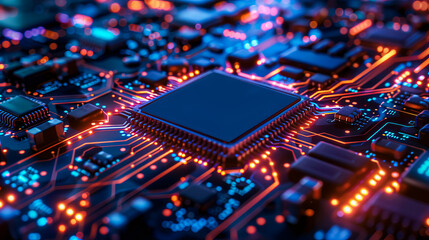 Obraz premium Closeup of an electronic circuit board featuring a central processor and glowing wires in a high-tech setup