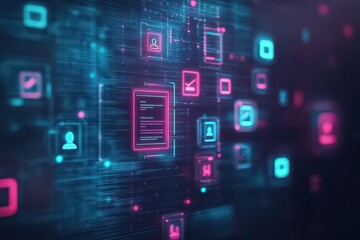 Holographic resume screening system, neon icons, virtual candidate profile, futuristic hiring process