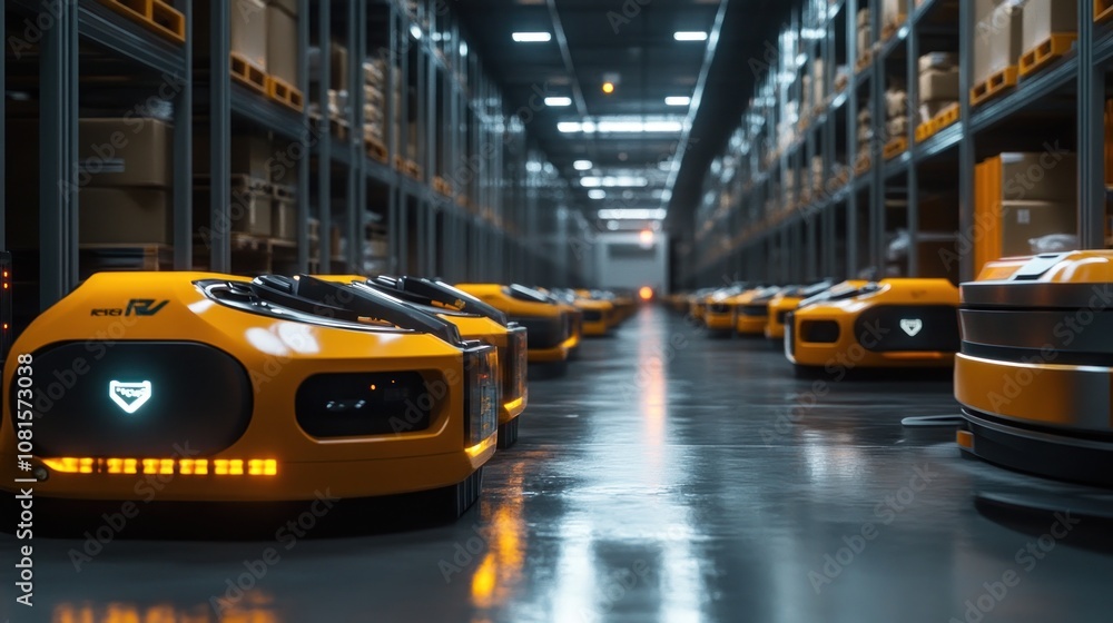 Poster a row of yellow autonomous robots move through a warehouse, carrying boxes on shelves.