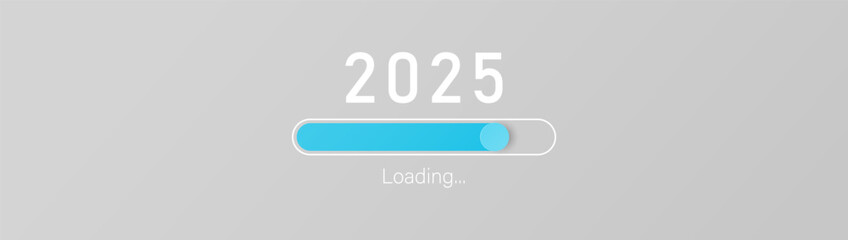 2025 loading bar on gray background. New year downloading.