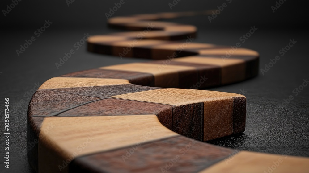 Poster wooden zigzag path made of interlocking blocks on dark surface