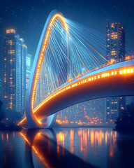 Naklejka premium Futuristic bridge with glowing lights over a river at night with skyscrapers in the background.