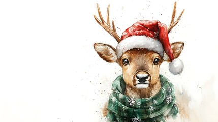 Playful reindeer in a red Santa hat and green cozy scarf, watercolor illustration, looking joyful against a clean white background, detailed fur textures, festive holiday theme, soft brush strokes,