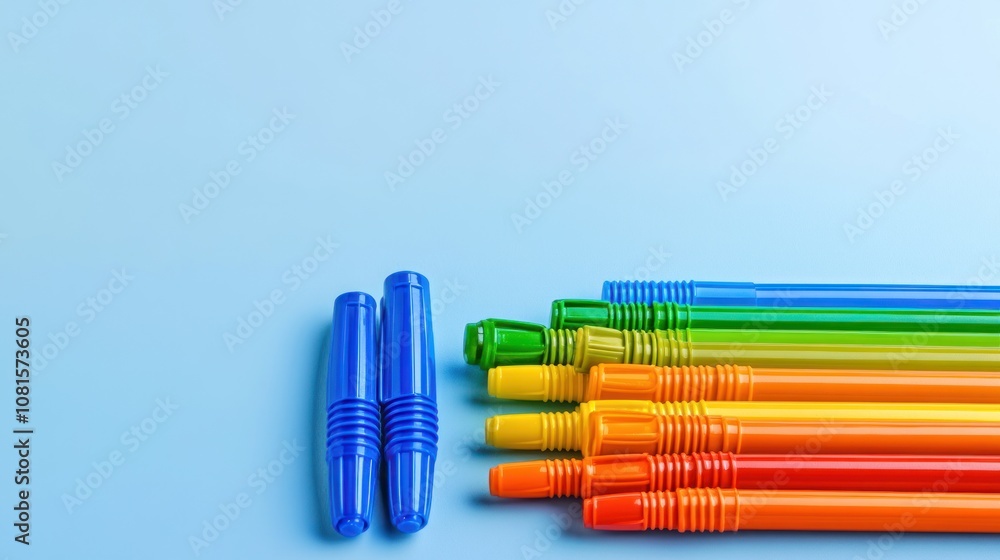 Poster a colorful array of markers arranged on a light blue background.