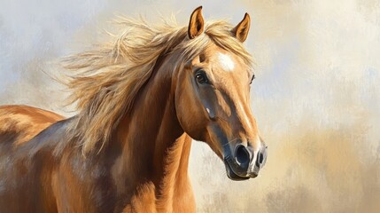 Obraz premium Majestic Portrait of a Golden Horse Against a Soft Pastel Background