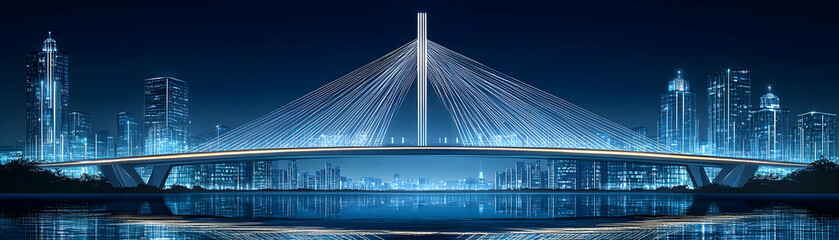 Obraz premium Modern bridge illuminated at night with a cityscape in the background and reflection in the water.