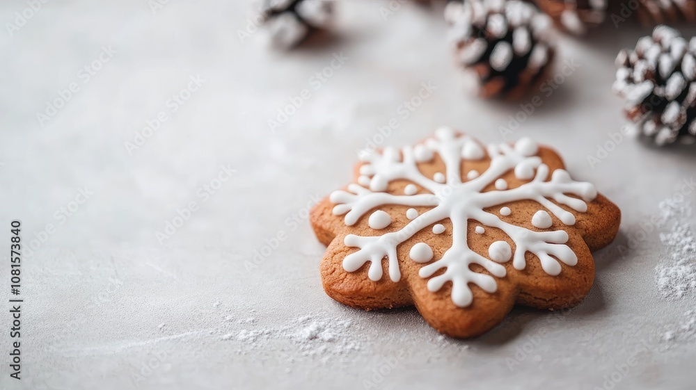 Poster decorated gingerbread cookie in shape of snowflake with white icing, surrounded by pine cones on lig
