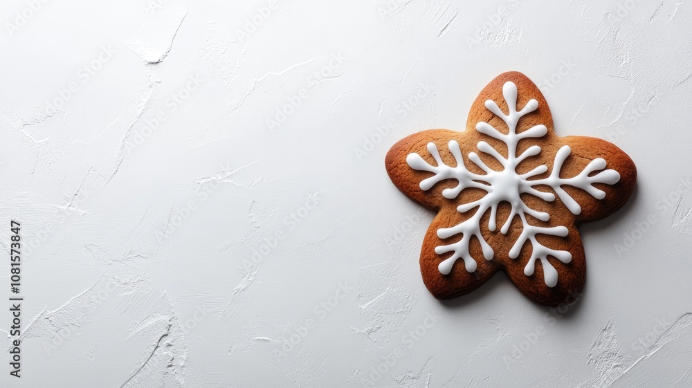 Poster gingerbread cookie shaped like snowflake with white icing on textured background