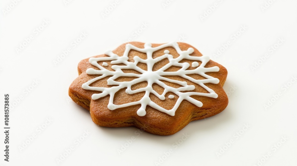 Poster star-shaped gingerbread cookie with white icing in intricate snowflake pattern