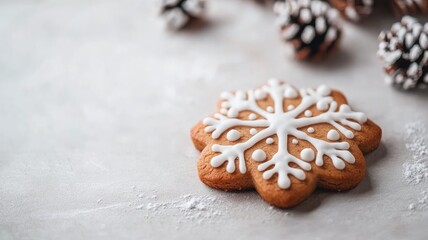 Fototapeta premium Decorated gingerbread cookie in shape of snowflake with white icing, surrounded by pine cones on light background