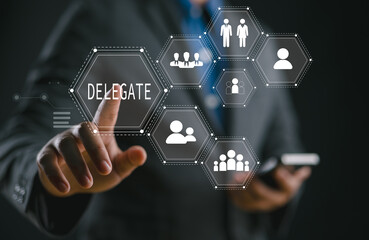 Delegation concept. Business work organization and management. Supervisors delegate work rights to...