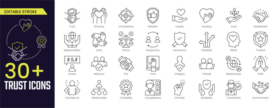 Trust Stroke icon collections. Containing Sincerity, Loyalty, Honesty, Trust, Handshake, Trusted, Ethics, Reliance, Truth, and Promise icons. Editable Stroke icon collection Outline icon