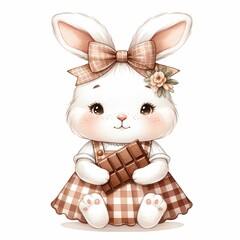 Whimsical action of a cute bunny with chocolate charming studio setting watercolor playful perspective delightful concept