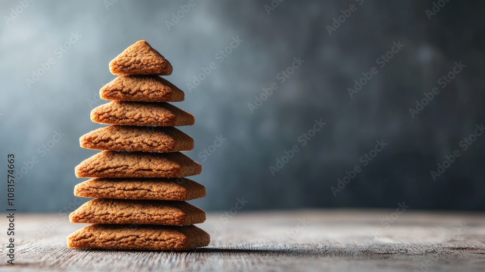 Poster stack of tree-shaped gingerbread cookies on wooden table with dark background