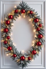 Festive Christmas wreath adorned with red ornaments and warm string lights hangs on a white wall. Oval frame made of evergreen branches. Holiday seasonal decoration for home. Banner with copy space.