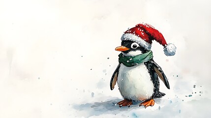 Fototapeta premium Watercolor illustration of a cheerful penguin in a red Christmas hat and green scarf, standing joyfully on snow, plain white background, festive holiday mood, delicate brush strokes, hd quality,