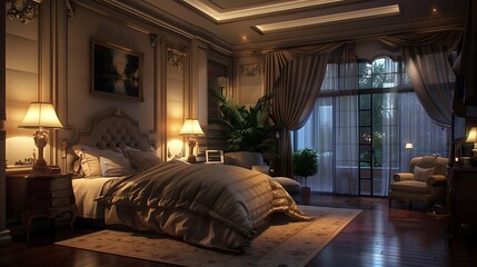 A high-definition 3D rendering of a luxurious bedroom with elegant decor and soft lighting.