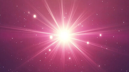 Abstract pink background with bright white light rays and white spots.