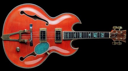 Fototapeta premium Red electric guitar with unique body shape and intricate details.