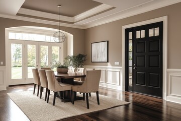 A large dining room with a black door and a white door